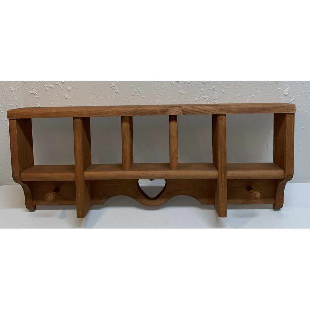 Country Wall Curio Knick Knack Display Shelf Wooden Cubbies Pegs Pine Heart